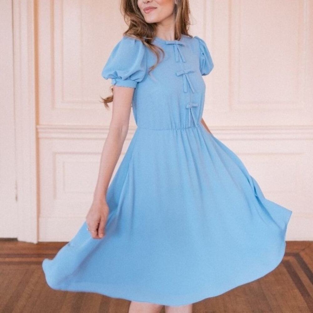 Gal Meets Glam Ellie Crepe Puff Sleeve Robins Egg Blue Bow Knee Length Dress 10
